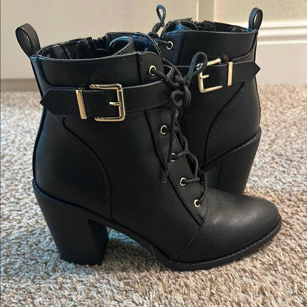 Black Ankle Boots with Gold Buckles